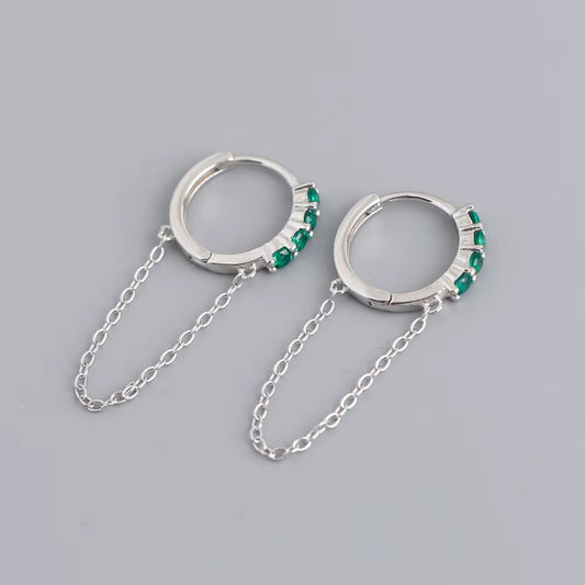 Kinneya Emerald Green Chain Silver Hoops