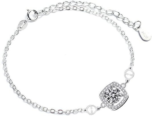 1 Carat Moissanite Halo Square Cross Chain Bracelet with Adjustable Clasp in Platinum Overlay Silver